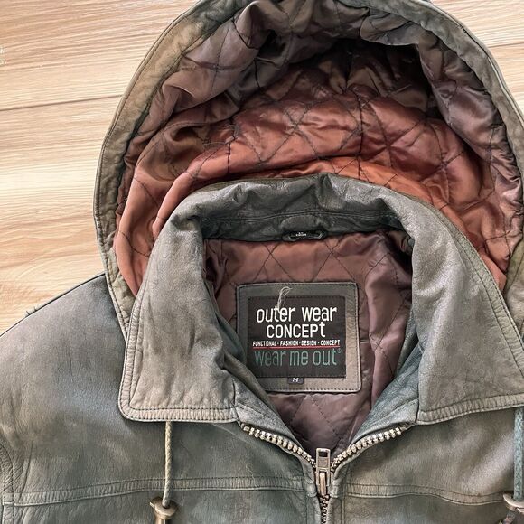 Vintage 80s 90s Grunge 100% Leather Worn Forest Green Heavy Coat Jacket Men's M - Picture 8 of 14